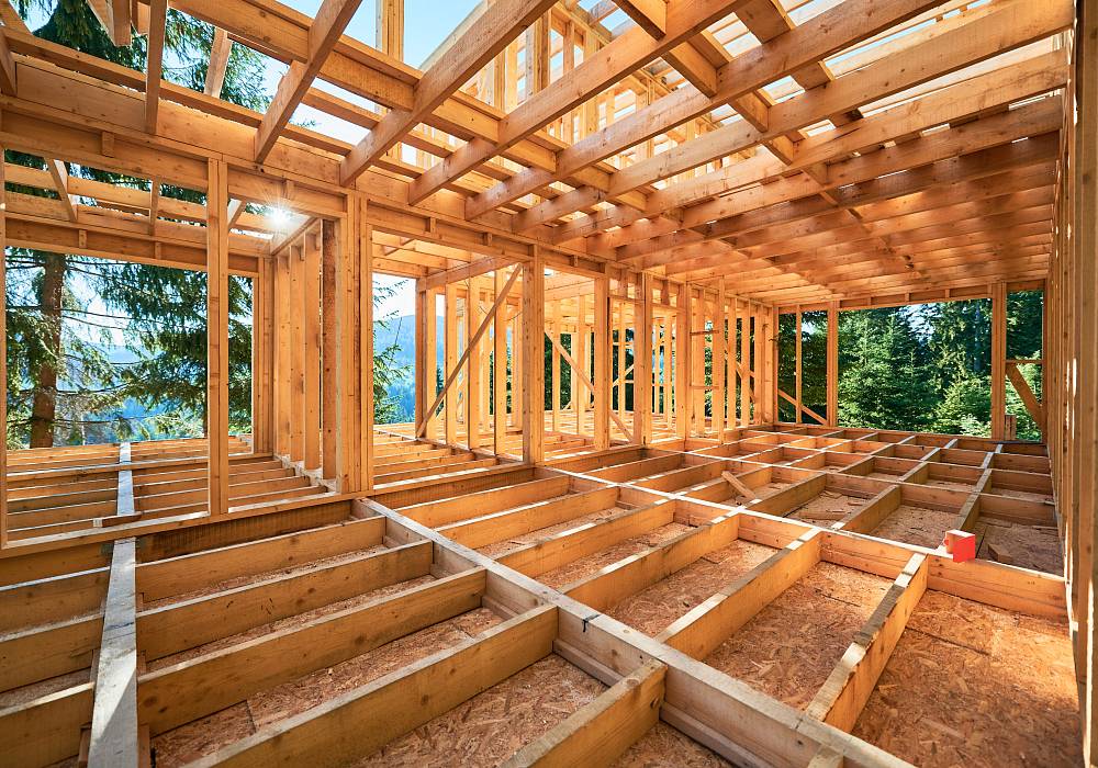 Rohbau eines Holzhauses in Holzrahmenbauweise mit sichtbarer Balkenlage und Wandkonstruktion im Grünen.
